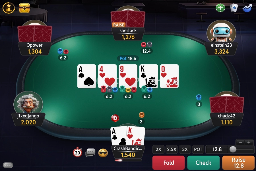 USDT online poker table interface showing community cards, opponents' chips and Fold/Check/Raise actions